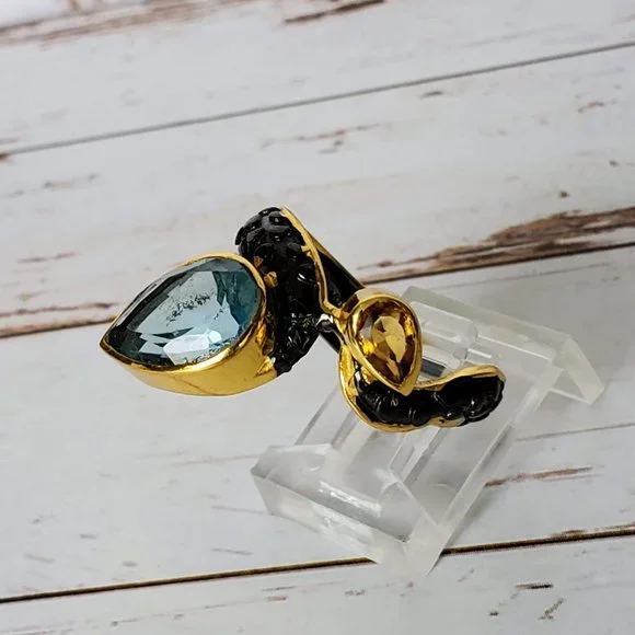 Sea Legend Natural Blue Topaz Ring Sterling Silver & 14kt Gold Ring
